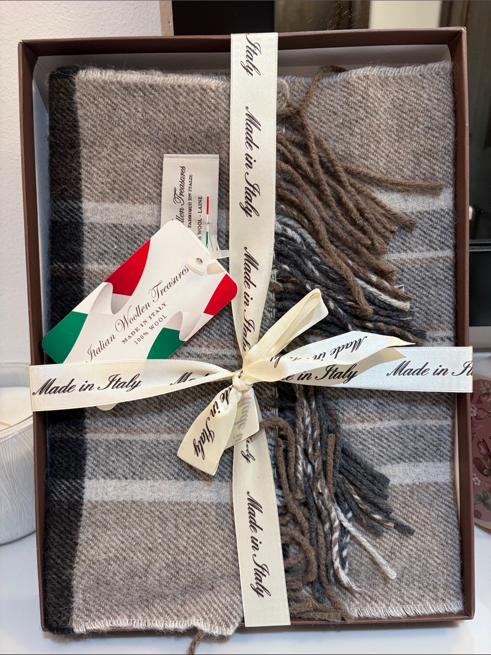 Gray & Brown Plaid Men’s Scarf - Made in Italy